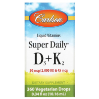 Carlson, Super Daily витамины D3 и K2 в жидкой форме, Vitamin D3+K2, 25 мкг (2000 МЕ) и 22,5 мкг, 10,16 мл (0,34 жидк. унции)