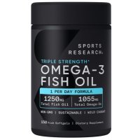 Sotib oling Sports Research, Omega-3 Fish Oil, uch karra samarali, 1250 mg, 150 baliqli kapsula