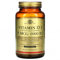 Купить Solgar, vitamin D3, витамин Д3, холекальциферол, 25 мкг (1000 МЕ), 250 капсул