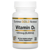 Купить California Gold Nutrition, витамин D3, 125 мкг (5000 МЕ), 90 капсул из рыбьего желатина