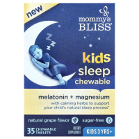 Купить Mommy's Bliss, детские жевательные таблетки для сна, мелатонин + магний, для детей от 3 лет, натуральный виноград, 35 жевательных таблеток
